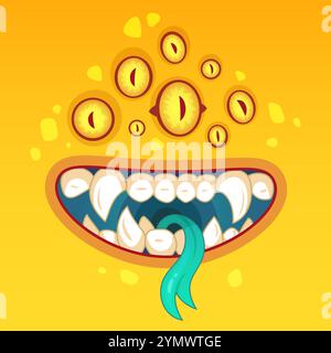 Colorato cartone animato di un simpatico volto mostro con molti occhi, denti grandi e una lingua turchese, perfetto per halloween o disegni fantasiosi Illustrazione Vettoriale