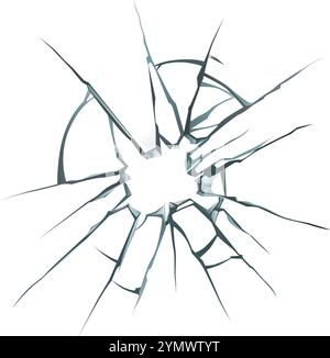 Vetro rotto con crepe radiali che emettono da un foro centrale, creando un effetto visivo spettacolare su uno sfondo bianco, adatto per varie applicazioni Illustrazione Vettoriale