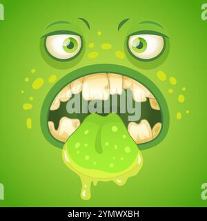 Simpatico volto da mostro con una grande lingua verde e denti, spaventoso e divertente, perfetto per halloween o fantasia. Colori vivaci e allegri Illustrazione Vettoriale