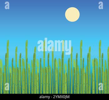 Illustrazione minimalista con una fitta foresta di bambù che cresce sotto un sole giallo in un ambiente naturale sereno Illustrazione Vettoriale