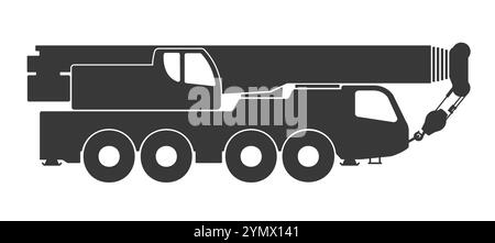 Forma del simbolo dell'icona della gru mobile. Cartello con il logo della macchina di sollevamento mobile. Immagine di illustrazione vettoriale. Isolato su sfondo bianco. Illustrazione Vettoriale