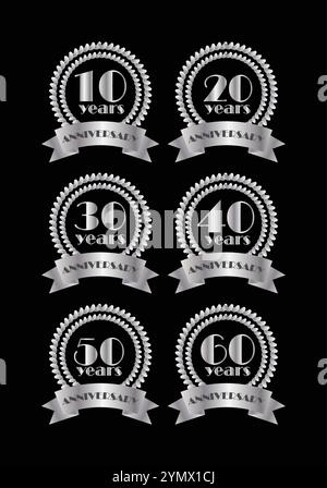 Loghi per l'anniversario d'oro con corone e stelle d'alloro, in commemorazione di 10, 15, 20, 25, 30 e 35 anni di successi Illustrazione Vettoriale