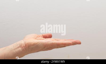 Uno scatto isolato di una mano umana aperta con il palmo rivolto verso l'alto, su uno sfondo semplice, che rappresenta concetti di offerta, ricezione o guida Foto Stock