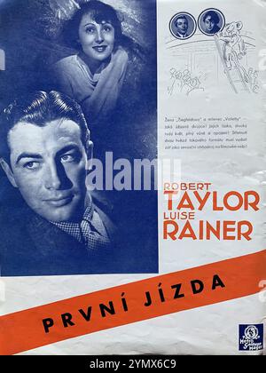 Annuncio commerciale ceco dal 1937 per ROBERT TAYLOR e LUISE RAINER nel progetto non realizzato PRVNI JIZDA (CORSA PRIVATA) per Metro Goldwyn Mayer (MGM) Foto Stock