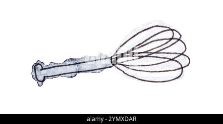 Illustrazione della frusta ad acquerello disegnata a mano su sfondo bianco per i temi della cucina e della cucina. Foto Stock