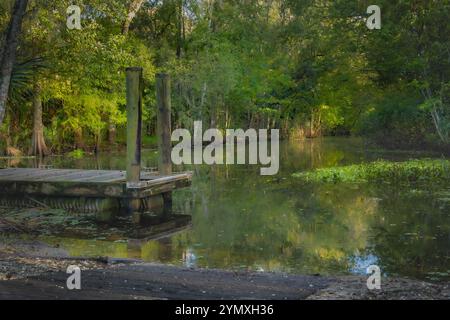 John B Sergeant Park Tampa Florida USA un tranquillo molo di legno si trova in una posizione tranquilla accanto al tranquillo e rifrangente fiume Hillsborough Foto Stock