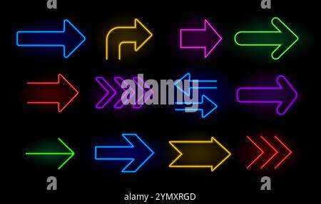 Frecce al neon. Puntatori luminosi realistici, indicatore luminoso della posizione del casinò e del bar, insegna del cinema al neon, night club e banner del motel. Set di vettori per cartellonistica con frecce retro 80s. Illustrazione Vettoriale