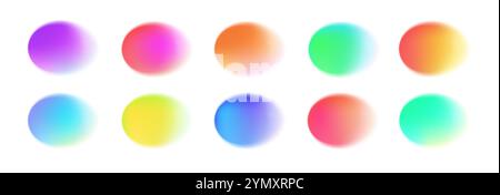 Sfumature cerchio colore. Forme astratte di sfocatura dell'acquerello. Brillanti rotondi colorati e fluidi al neon mezzo trasparente con bagliore di luce. Set di cerchi di fusione di colori vivaci isolati dal vettore. Illustrazione Vettoriale