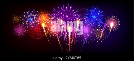 Fuochi d'artificio festivi. Realistiche esplosioni di fuochi d'artificio in 3D con scintille colorate e brillanti luci per i cracker. Buon Natale e felice anno nuovo 2025 sfondo celebrazione vettoriale. Illustrazione Vettoriale