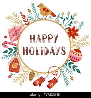 Biglietto d'auguri di Natale e Capodanno con piante e decorazioni sempreverdi. Sfondo festivo. Foto Stock