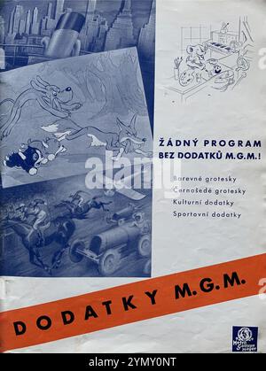 Annunci commerciali cechi dal 1937 per il supporto di shorts tra cui cartoni animati diari di viaggio e sport dalla Metro Goldwyn Mayer (MGM) Foto Stock