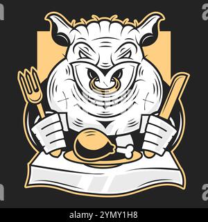 Logo minimalista in bianco e nero con un volto di maiale stilizzato all'interno di un cerchio. Personalizzabile con il nome e lo slogan della tua azienda. Perfetto per le aziende agricole, Foto Stock