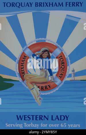 Poster in stile vintage che pubblicizza il traghetto Torquay Brixham con una ragazza marinara e un anello di preservazione della vita nautica Foto Stock