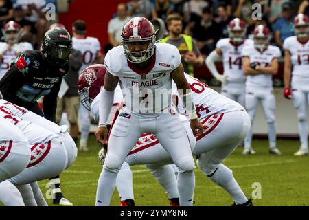 European League of Football, ELF/ partita: I Lions di Praga ai Munich Ravens il 09. Giugno. 2024, nel PARCO uhlsport, Unterhaching, Germania, Europa Foto Stock