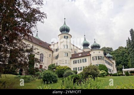 Paesaggio con il castello di Schloss Artstetten in Austria in giorno coperto Foto Stock