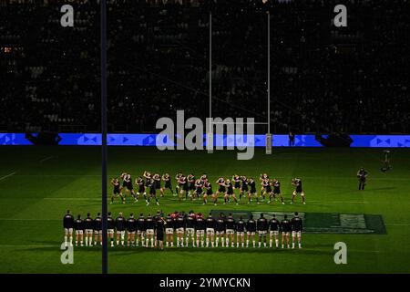 Torino, Italia. 23 novembre 2024. I giocatori neozelandesi si esibiscono in un'haka in vista dell'Autumn Nations Series International rugby union match tra Italia e nuova Zelanda all'Allianz Stadium di Torino - News - sabato 23 novembre 2024. (Foto di Marco Alpozzi/Lapresse) credito: LaPresse/Alamy Live News Foto Stock