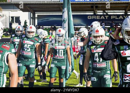 German Football League, partita: Schwaebisch Hall Unicorns, Marburg Mercenaries nell'Optima Sportpark di Schwaebisch Hall Germania il 02. 09. 2023, Entr Foto Stock