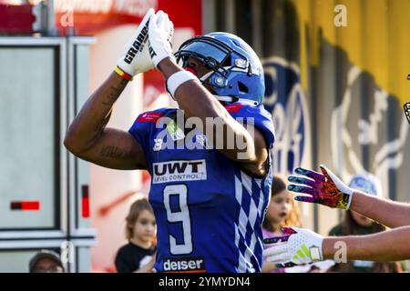 German Football League, partita: Schwaebisch Hall Unicorns, Allgaeu Comets nell'Optima Sportpark di Schwaebisch Hall Germania l'11. Maggio. 2024 Foto Stock