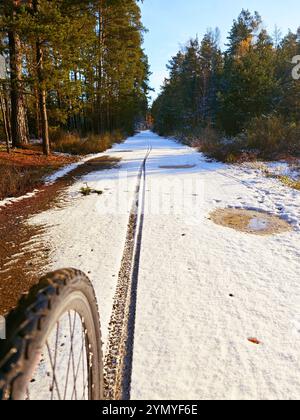 Ruota posteriore della bici nella neve. Vista dettagliata della caviglia in posizione estremamente ravvicinata. Nevoso depositato nel paesaggio ope Foto Stock