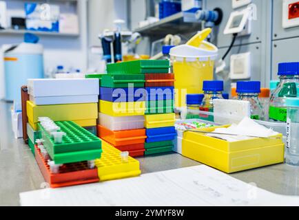 Banco da lavoro da laboratorio ben organizzato con forniture chimiche, provette per campioni e apparecchiature di ricerca essenziali Foto Stock