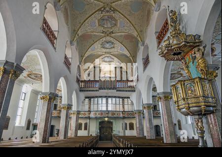 Navata con loft d'organo e pulpito, ex chiesa collegiata di San Pietro, chiesa parrocchiale cattolica romana, lago di Bad Forest, alta Svevia, Baden-Wuerttembe Foto Stock