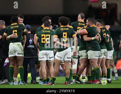 23 novembre 2024; Principality Stadium, Cardiff, Galles: Autunno Rugby International, Galles contro Sudafrica; Sudafrica festeggiano Foto Stock