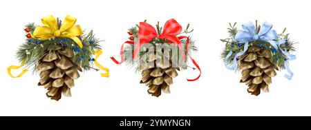 Coni di pino decorati con rami di vischio e abete, con un fiocco di raso lucido nel set. Illustrazione digitale acquerello. Bouquet decorativo natalizio Foto Stock