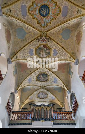 Loft d'organo e soffitti affrescati, ex chiesa collegiata di San Pietro, chiesa parrocchiale cattolica romana, lago di Bad Forest, alta Svevia, Baden-Wuerttembe Foto Stock