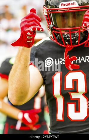 German Football League, partita: Schwaebisch Hall Unicorns, Saarland Hurricanes nell'Optima Sportpark di Schwaebisch Hall Germania, il 08. Giugno. 2024 Foto Stock