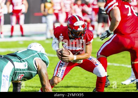 German Football League, partita: Schwaebisch Hall Unicorns, Marburg Mercenaries nell'Optima Sportpark di Schwaebisch Hall Germania il 02. 09. 2023, Marb Foto Stock