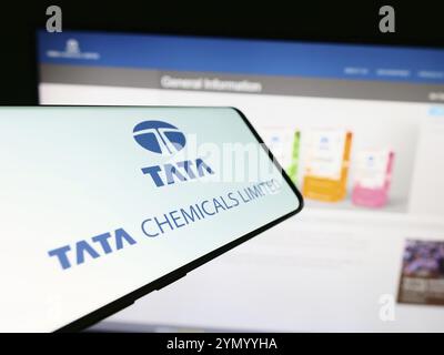 Stoccarda, Germania, 03-05-2024: Telefono cellulare con logo della società chimica indiana Tata Chemicals Limited davanti al sito web aziendale. Concentrati sul centro Foto Stock