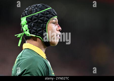 23 novembre 2024; Principality Stadium, Cardiff, Galles: Autunno Rugby International, Galles contro Sudafrica; Cheslin Kolbe del Sud Africa Foto Stock