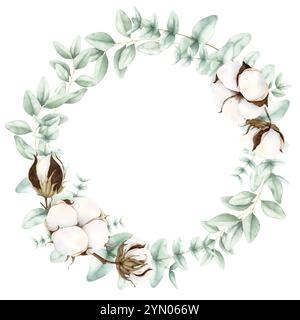 Cotone e foglie di eucalipto verde con cornice rotonda. Illustrazione ad acquerello disegnata a mano isolata su sfondo bianco. Elegante ghirlanda botanica con copia spp Foto Stock