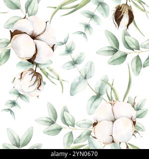 Motivo senza cuciture con cotone essiccato e foglie verdi di eucalipto. Illustrazione ad acquerello disegnata a mano su sfondo bianco. Pastello botanico templat Foto Stock