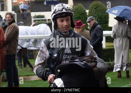 Ascot, Berkshire, Regno Unito. 23 novembre 2024. Jockey Ned Fox dopo aver guidato MARTATOR per vincere il Lay & Wheeler Hurst Park handicap Steeple Chase (Classe 2) (GBB Race) all'ippodromo di Ascot nel Berkshire al Copybet di novembre, sabato Raceday. Proprietaria Camilla Norton, Trainer Ventia Williams, Hereford, allevatore Mr H Des Set Gauburge, Sponsor Faucets Limited. Crediti: Maureen McLean/Alamy Live News Foto Stock