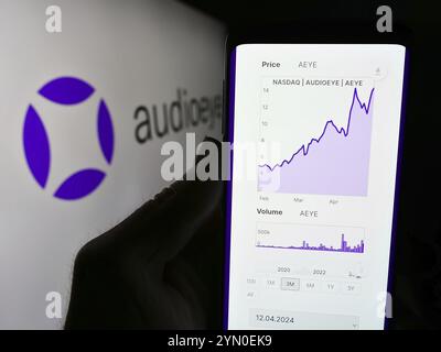 Stoccarda, Germania, 04-26-2024: Persona che detiene un telefono cellulare con sito web della società di software statunitense AudioEye Inc. Davanti al logo aziendale. Concentrati sul cent Foto Stock