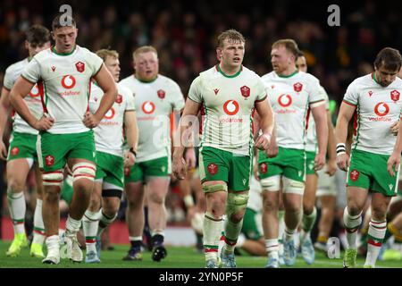 Cardiff, Regno Unito. 23 novembre 2024. Jac Morgan del Galles (c) sembra sgretolato. Galles contro Sud Africa, 2024 partita della serie delle Nazioni autunnali al Principality Stadium di Cardiff sabato 23 novembre 2024. foto di Andrew Orchard/Andrew Orchard Sports Photography/ Alamy Live News Credit: Andrew Orchard Sports Photography/Alamy Live News Foto Stock