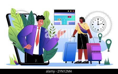 Assistenza online. L'uomo incontra una donna con due valigie. Applicazione mobile per ordinare taxi. Viaggi e turismo, trasporti. Vettore piatto Illustrazione Vettoriale