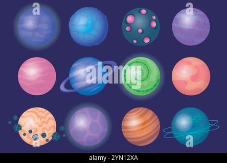 Insieme di pianeti. Sistemi solari, galassia e universo. Astronomia e astrologia. Piante e satelliti, orbite. Scienza e istruzione. Vettore piatto Illustrazione Vettoriale