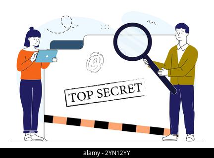 Persone con file top secret. Donna con laptop e uomo con lente d'ingrandimento stanno controllando i documenti. Sicurezza dei file nelle cartelle e negli archivi. Lineare Illustrazione Vettoriale