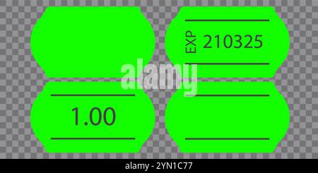 Cartellino autoadesivo per il prezzo della carta al neon verde con due strisce. Etichetta prezzo vuota. Adesivo verde per indicare la data di scadenza. Illustrazione vettoriale Illustrazione Vettoriale