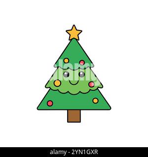 Xmas Tree Clipart, Christmas Tree Cartoon, grazioso albero di natale sorridente, disegno Kawaii. Illustrazione vettoriale. Illustrazione Vettoriale