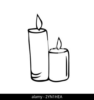 Set di candele disegnate a mano. Illustrazione vettoriale Doodle. Elementi invernali per biglietti di compleanno, poster, adesivi e design stagionale. Isolato su fondo bianco Illustrazione Vettoriale