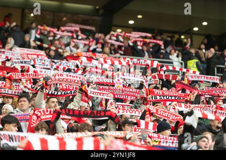 VfB Stuttgart Fans, Fanschal, Stimmung, GER, VfB Stuttgart vs. VfL Bochum, Fussball, Herren, 1. Bundesliga, 11 anni. Spieltag, Spielzeit 2024/2025, 23.11.2024, LE NORMATIVE DFL/DFB VIETANO QUALSIASI USO DI FOTOGRAFIE COME SEQUENZE DI IMMAGINI E/O QUASI-VIDEO, foto: Eibner-Pressefoto/Wolfgang Frank Foto Stock