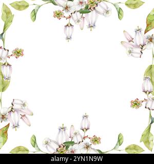 Fiore di campana rosa e mirtillo con foglie verdi sui rami, disegnato a mano in acquerello, illustrazione botanica di fiori selvatici. Confine isolato Foto Stock