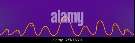 Fantasmi di Halloween con gli occhi. Simpatici simpatici fantasmi arancioni su sfondo viola. Illustrazione Vettoriale