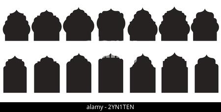 Set di finestre, porte e cornici islamiche in nero. Collezione di modelli moschea in stile arabo-musulmano. Illustrazione Vettoriale
