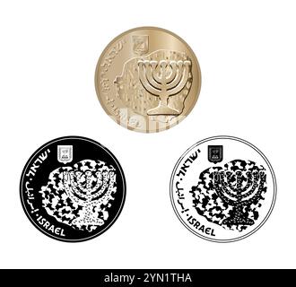 Moneta, Israele, 10 agorot. da 1984 a 2017. Scritta: "10 AGOROT". Dritto di Israele moneta da dieci agorot in illustrazione vettoriale. Illustrazione Vettoriale