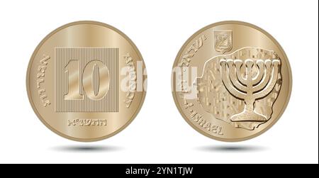 Moneta, Israele, 10 agorot. da 1984 a 2017. Lettere: "ISRAELE", "10 AGOROT". Dritto e rovescio della moneta da dieci agorotti di Israele in illustrazione vettoriale. Illustrazione Vettoriale