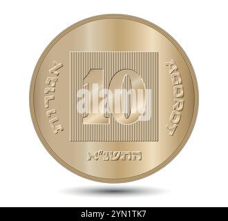 Moneta, Israele, 10 agorot. da 1984 a 2017. Scritta: "10 AGOROT". Rovescio di Israele moneta da dieci agorot in illustrazione vettoriale. Illustrazione Vettoriale